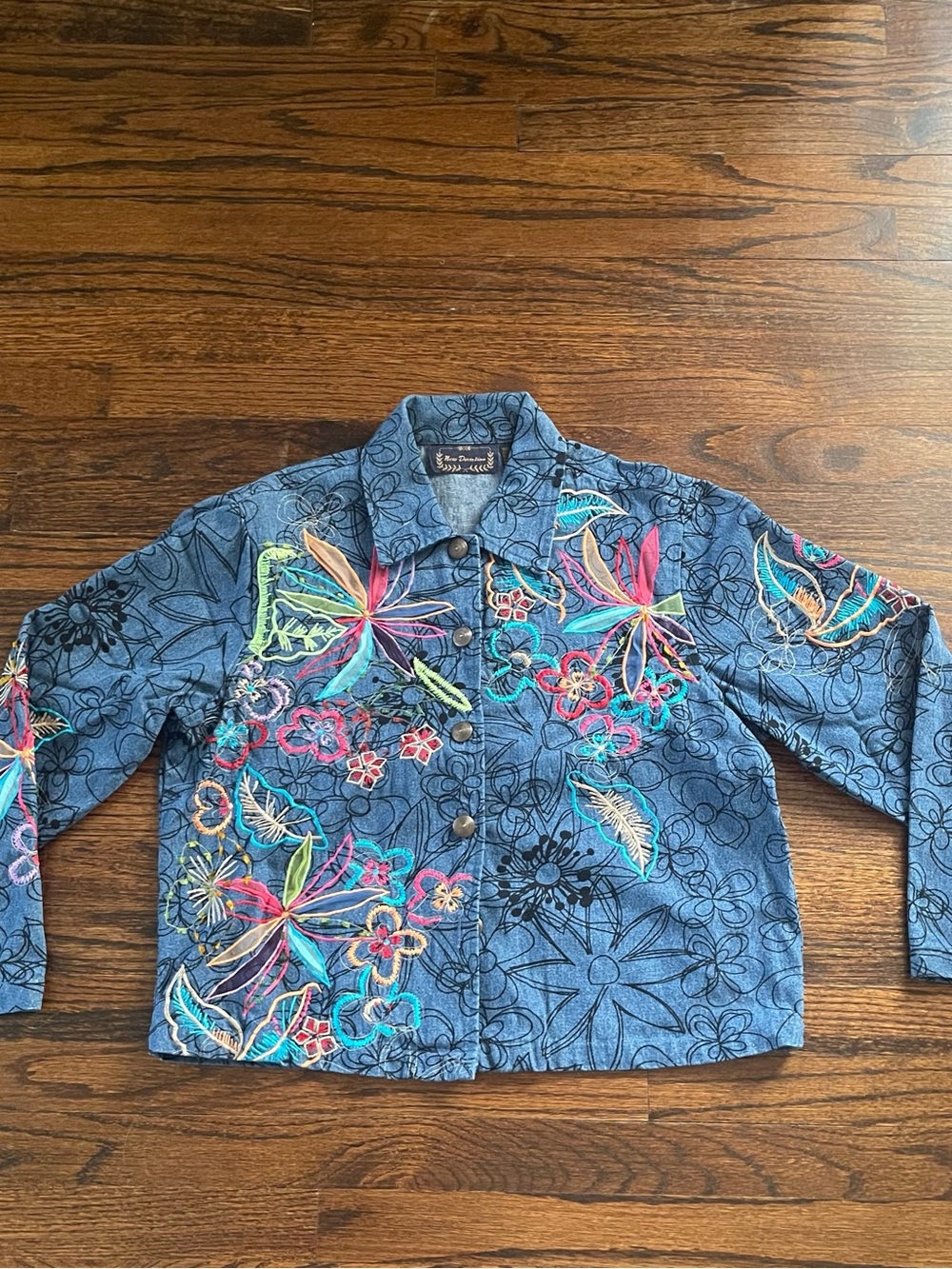 Vintage Embroidered Floral Denim Jacket - Multicolor